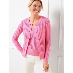 Talbots Textured Crewneck Cardigan Pink Long Sleeve Enamel Buttons Barbie Medium